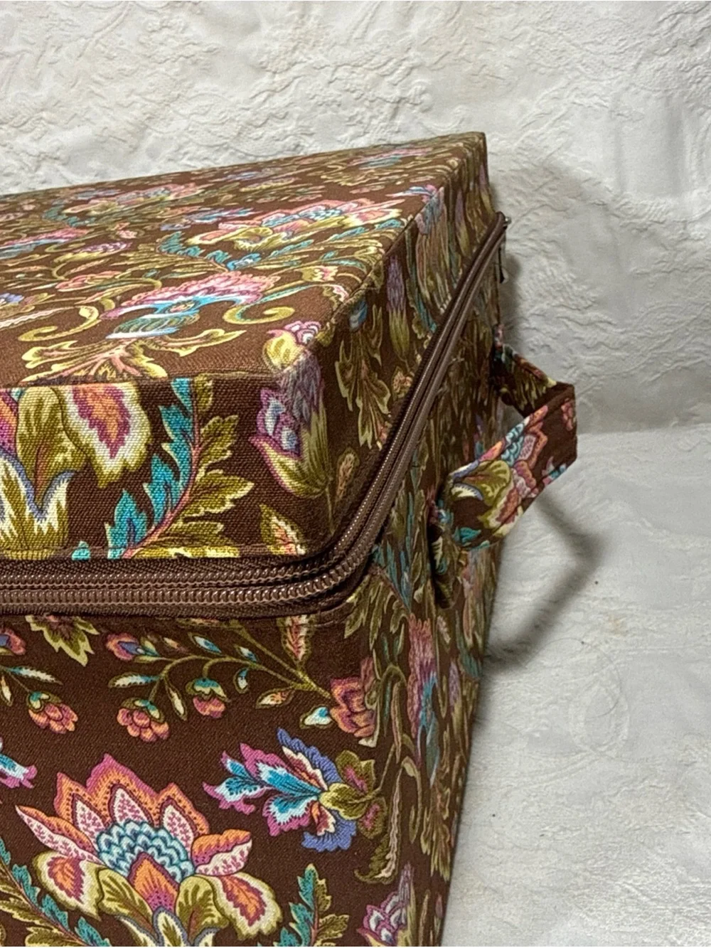 Vintage Raymond Waites Storage Box Paisley & Floral Fabric Zip Close 16” x 12”